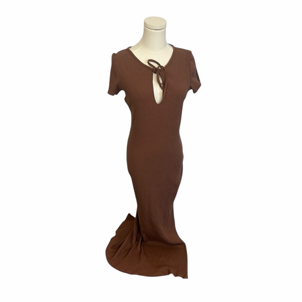 Reformation Brown Ribbed Knit Keyhole Midi Slit Dress Size Large - Picture 5 of 13